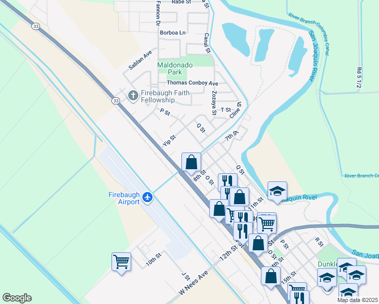 map of restaurants, bars, coffee shops, grocery stores, and more near 44 P Street in Firebaugh