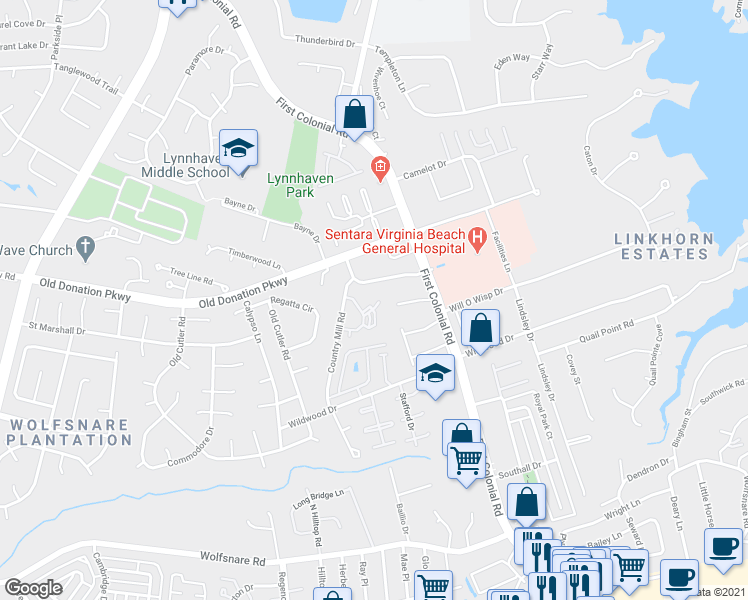 map of restaurants, bars, coffee shops, grocery stores, and more near 1869 1st General Parkway in Virginia Beach
