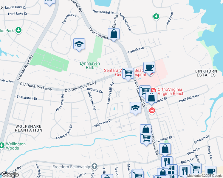 map of restaurants, bars, coffee shops, grocery stores, and more near 1005 Autumn Woods Lane in Virginia Beach