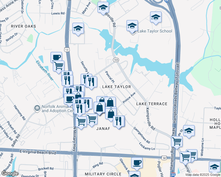 map of restaurants, bars, coffee shops, grocery stores, and more near 1209 Pascal Place in Norfolk
