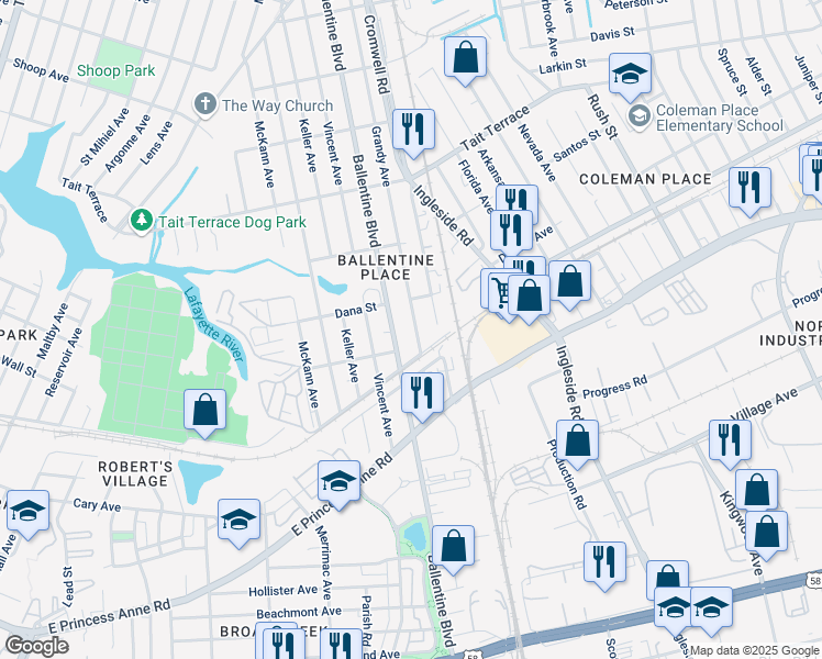 map of restaurants, bars, coffee shops, grocery stores, and more near 2340 Grandy Avenue in Norfolk