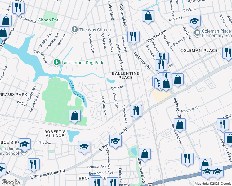 map of restaurants, bars, coffee shops, grocery stores, and more near 2955 Dana Street in Norfolk