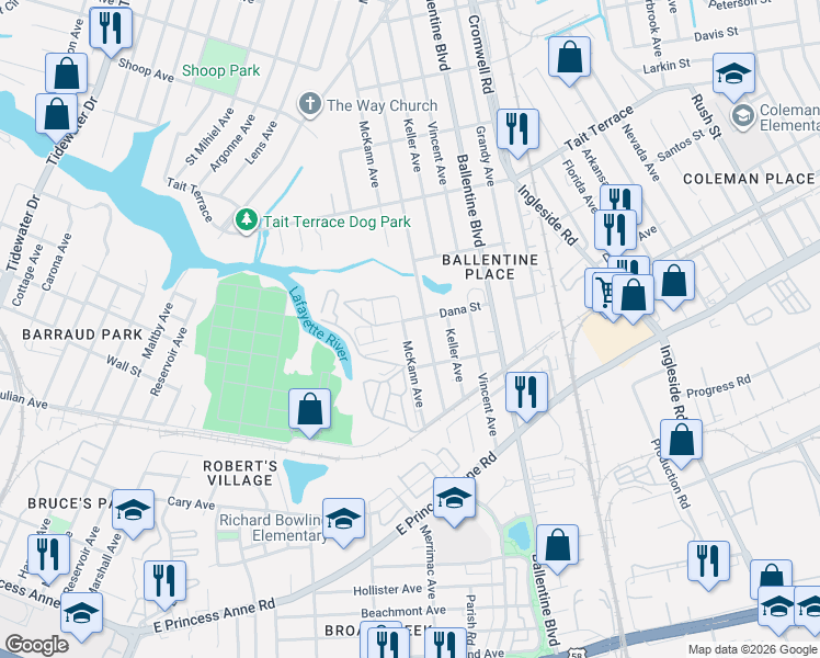 map of restaurants, bars, coffee shops, grocery stores, and more near 2405 Harrell Avenue in Norfolk