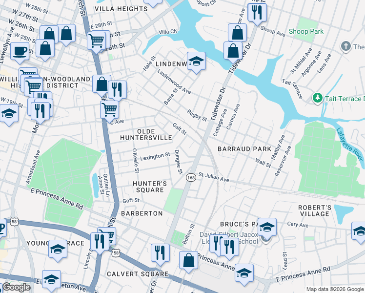 map of restaurants, bars, coffee shops, grocery stores, and more near 1015 Galt Street in Norfolk