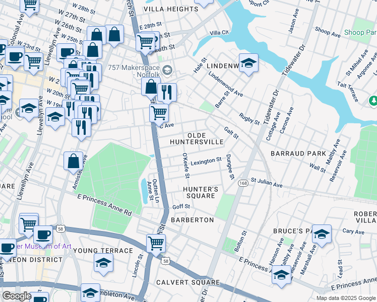 map of restaurants, bars, coffee shops, grocery stores, and more near 766 A Avenue in Norfolk