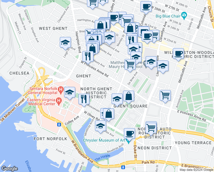 map of restaurants, bars, coffee shops, grocery stores, and more near 604 Graydon Avenue in Norfolk