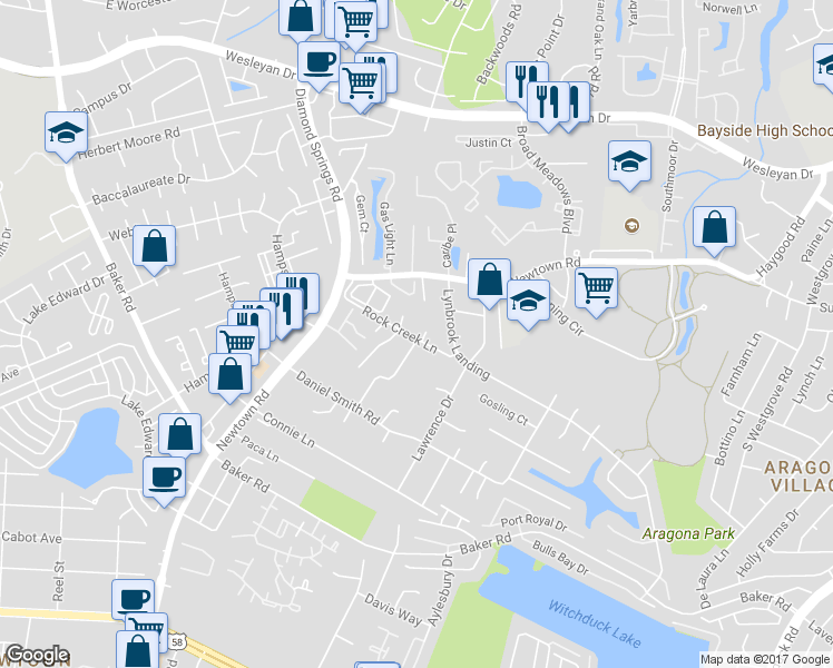 map of restaurants, bars, coffee shops, grocery stores, and more near 701 Brook Meadow Court in Virginia Beach