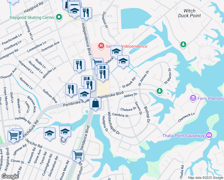 map of restaurants, bars, coffee shops, grocery stores, and more near 806 Saint Denis Court in Virginia Beach