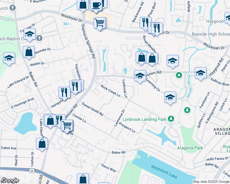 map of restaurants, bars, coffee shops, grocery stores, and more near 701 Brook Meadow Court in Virginia Beach