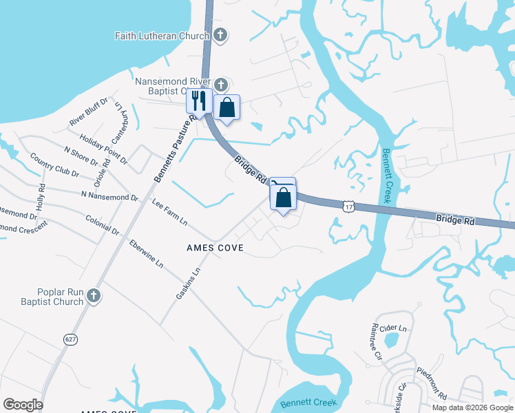 map of restaurants, bars, coffee shops, grocery stores, and more near Lee Farm Lane in Suffolk