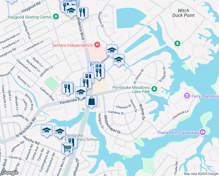 map of restaurants, bars, coffee shops, grocery stores, and more near 4513 Saint John Court in Virginia Beach