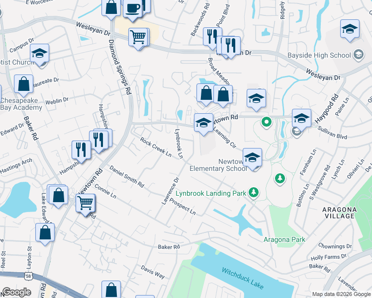 map of restaurants, bars, coffee shops, grocery stores, and more near 702 Cedar Glen Court in Virginia Beach
