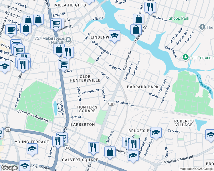 map of restaurants, bars, coffee shops, grocery stores, and more near 1006 Barney Street in Norfolk