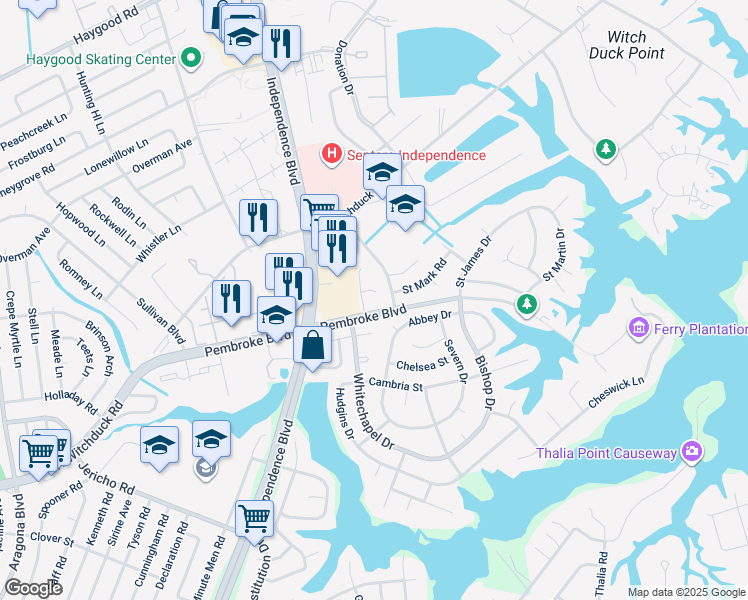 map of restaurants, bars, coffee shops, grocery stores, and more near 4513 Saint John Court in Virginia Beach