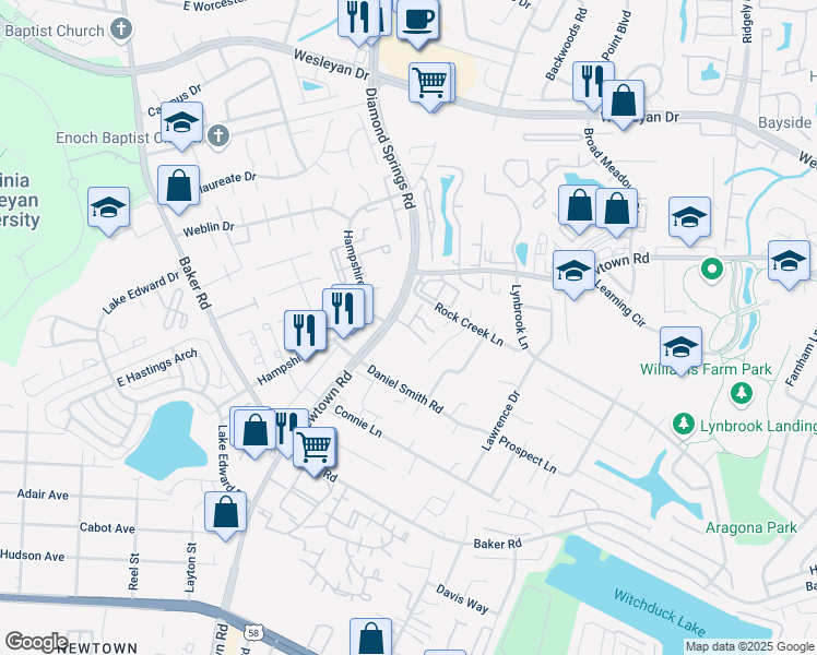 map of restaurants, bars, coffee shops, grocery stores, and more near Curtis Breathwaite Lane in Virginia Beach