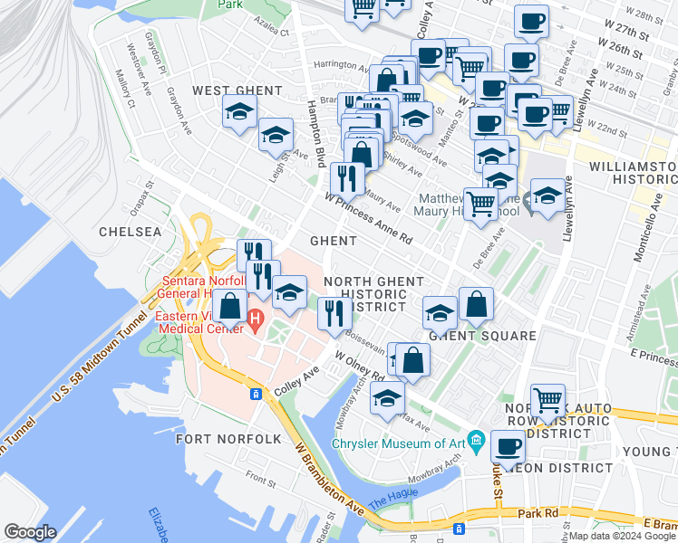 map of restaurants, bars, coffee shops, grocery stores, and more near 720 Redgate Avenue in Norfolk