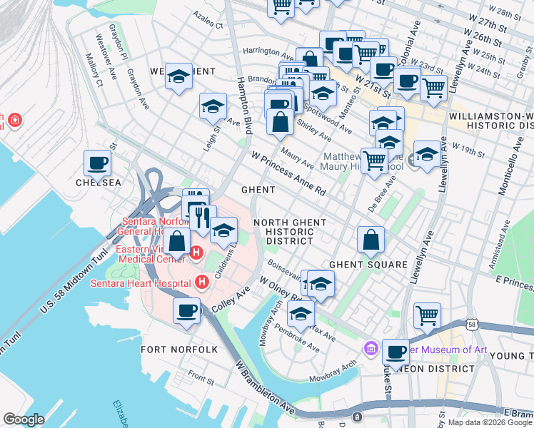 map of restaurants, bars, coffee shops, grocery stores, and more near 726 Westover Avenue in Norfolk