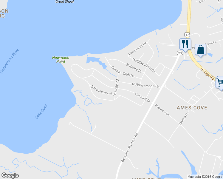 map of restaurants, bars, coffee shops, grocery stores, and more near 2741 Colonial Drive in Suffolk