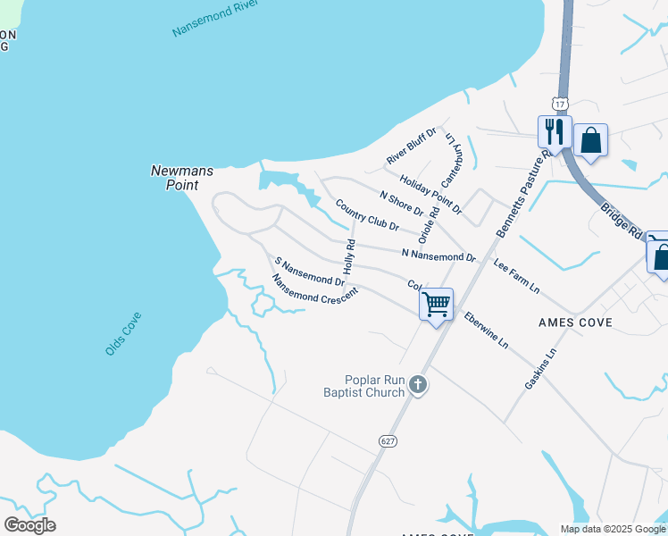 map of restaurants, bars, coffee shops, grocery stores, and more near 2741 Colonial Drive in Suffolk