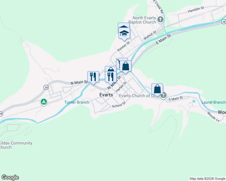 map of restaurants, bars, coffee shops, grocery stores, and more near 133 South Main Street in Evarts
