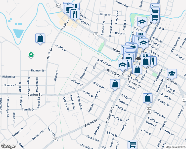 map of restaurants, bars, coffee shops, grocery stores, and more near 499 West 16th Street in Hopkinsville