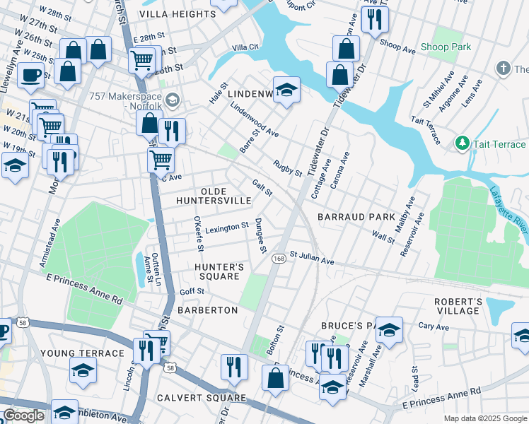 map of restaurants, bars, coffee shops, grocery stores, and more near 1000 Barney Street in Norfolk