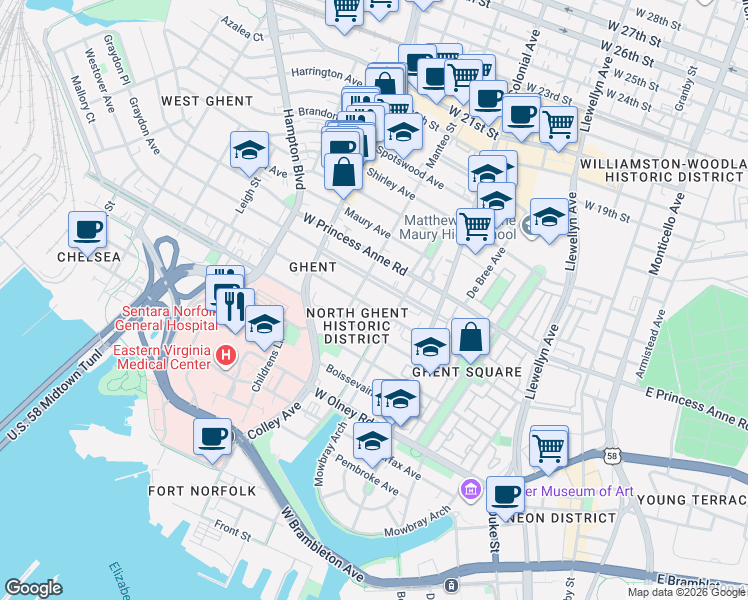 map of restaurants, bars, coffee shops, grocery stores, and more near in Norfolk