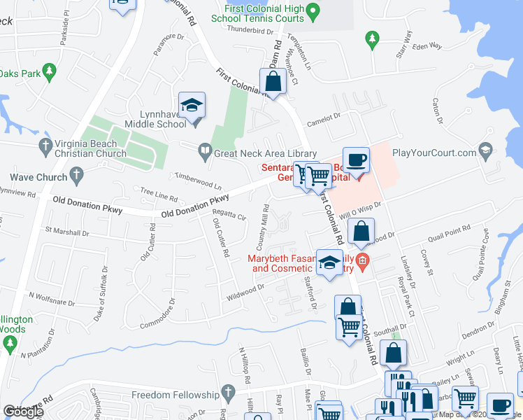 map of restaurants, bars, coffee shops, grocery stores, and more near 1085 Country Mill Road in Virginia Beach