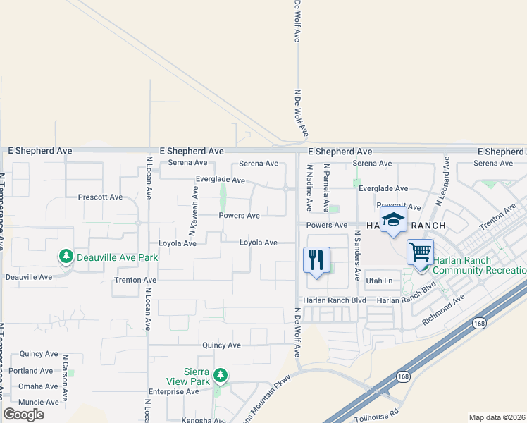 map of restaurants, bars, coffee shops, grocery stores, and more near 1841 North Twinberry Avenue in Clovis
