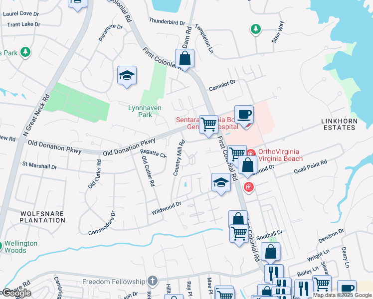 map of restaurants, bars, coffee shops, grocery stores, and more near 1093 Country Mill Road in Virginia Beach