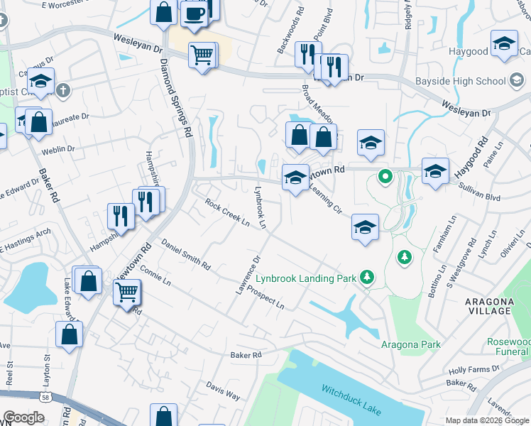 map of restaurants, bars, coffee shops, grocery stores, and more near 713 Wolftrap Lane in Virginia Beach