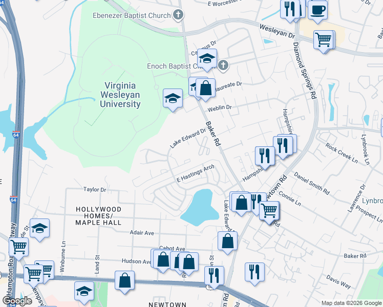 map of restaurants, bars, coffee shops, grocery stores, and more near 704 Trellis Way in Virginia Beach