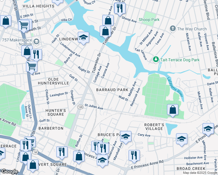 map of restaurants, bars, coffee shops, grocery stores, and more near 2318 Bolton Street in Norfolk