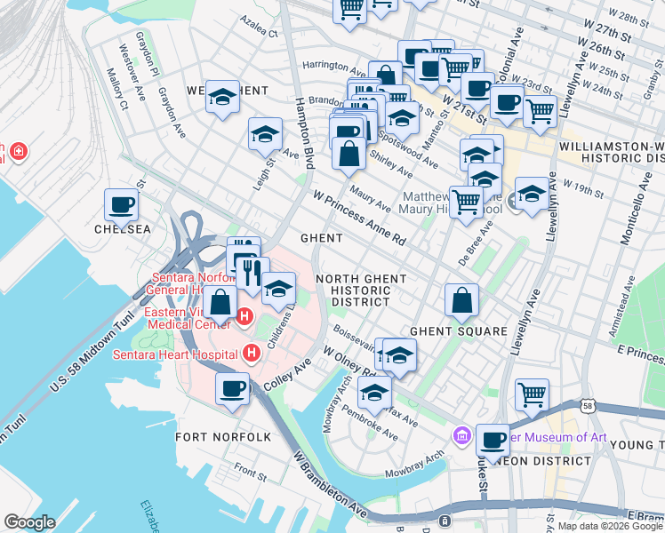 map of restaurants, bars, coffee shops, grocery stores, and more near 726 Westover Avenue in Norfolk