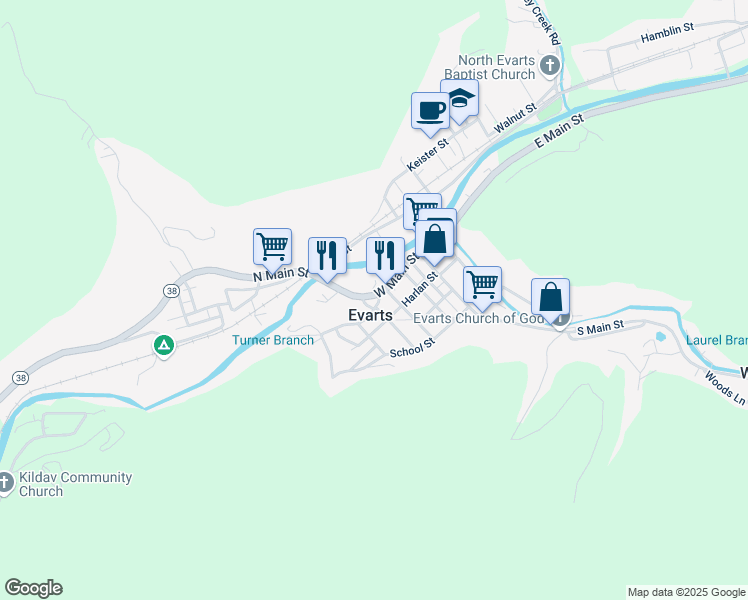 map of restaurants, bars, coffee shops, grocery stores, and more near 128 Nolan Street in Evarts