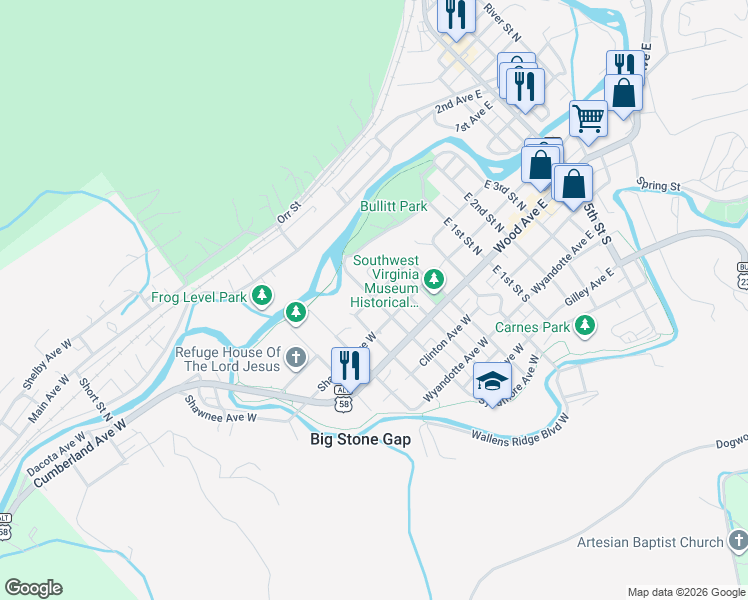 map of restaurants, bars, coffee shops, grocery stores, and more near West 3rd Street North in Big Stone Gap