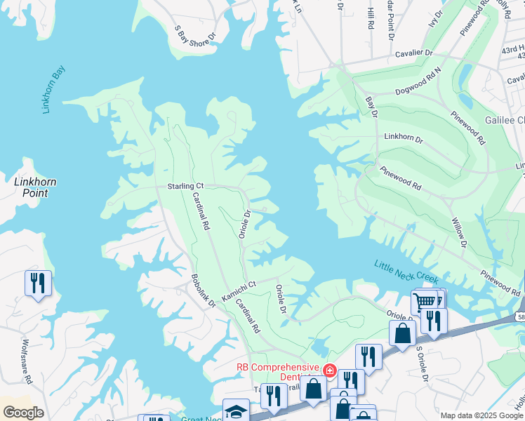 map of restaurants, bars, coffee shops, grocery stores, and more near 1298 Plover Place in Virginia Beach