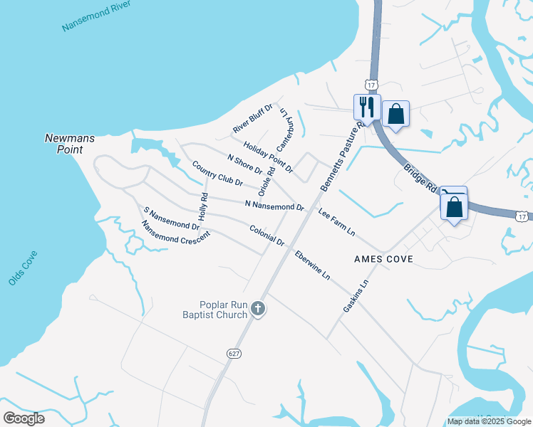 map of restaurants, bars, coffee shops, grocery stores, and more near 2841 North Nansemond Drive in Suffolk