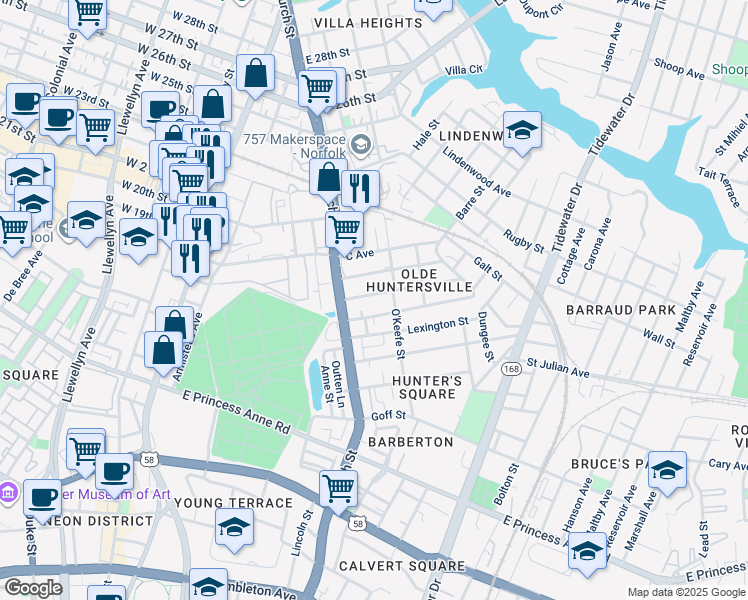 map of restaurants, bars, coffee shops, grocery stores, and more near 747 A Avenue in Norfolk