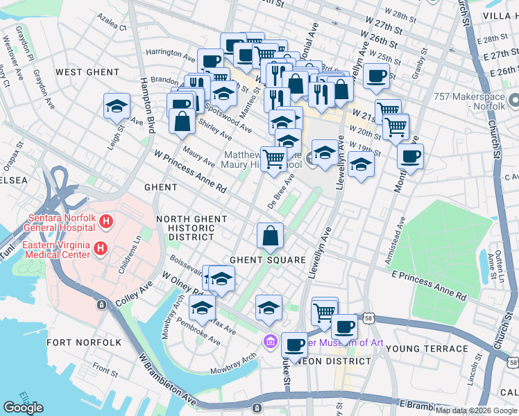 map of restaurants, bars, coffee shops, grocery stores, and more near 1316 De Bree Avenue in Norfolk