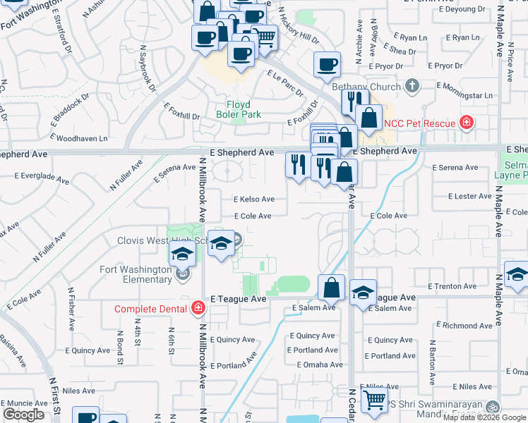 map of restaurants, bars, coffee shops, grocery stores, and more near 1227 East Kelso Avenue in Fresno