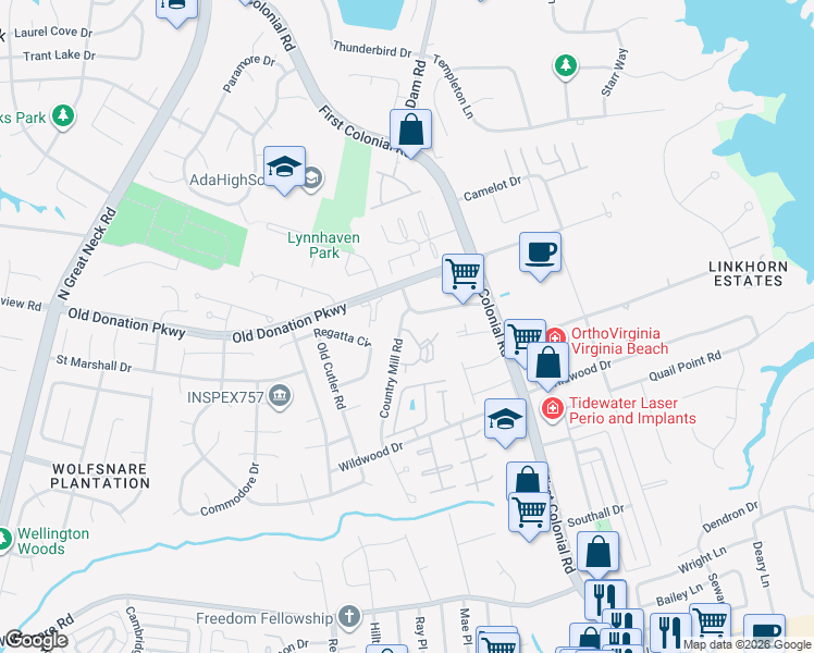 map of restaurants, bars, coffee shops, grocery stores, and more near 1093 Country Mill Road in Virginia Beach