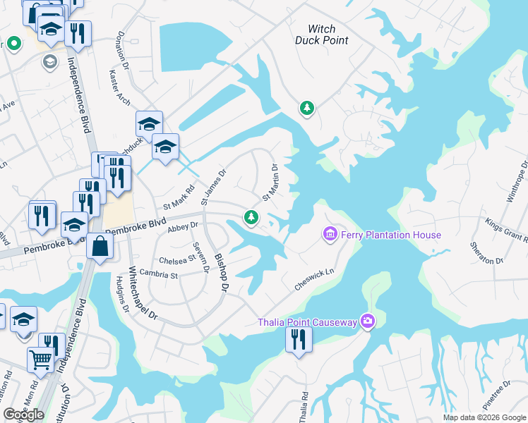 map of restaurants, bars, coffee shops, grocery stores, and more near 812 Saint Martin Drive in Virginia Beach