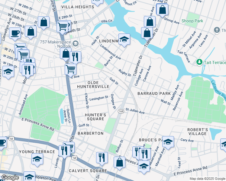 map of restaurants, bars, coffee shops, grocery stores, and more near 1015 Galt Street in Norfolk