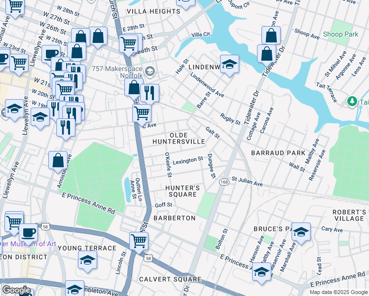 map of restaurants, bars, coffee shops, grocery stores, and more near in Norfolk