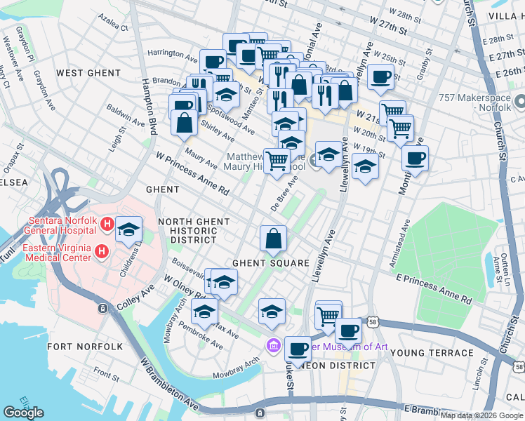 map of restaurants, bars, coffee shops, grocery stores, and more near 1316 De Bree Avenue in Norfolk