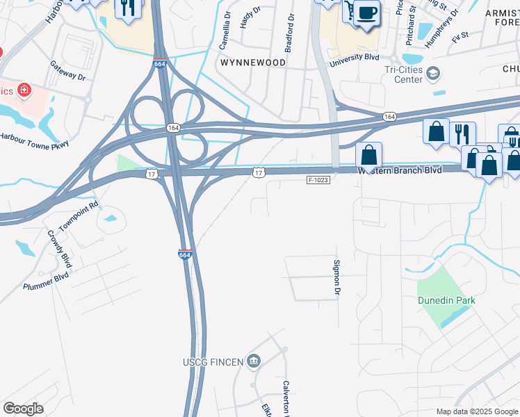 map of restaurants, bars, coffee shops, grocery stores, and more near 5787 Lynn Drive in Suffolk