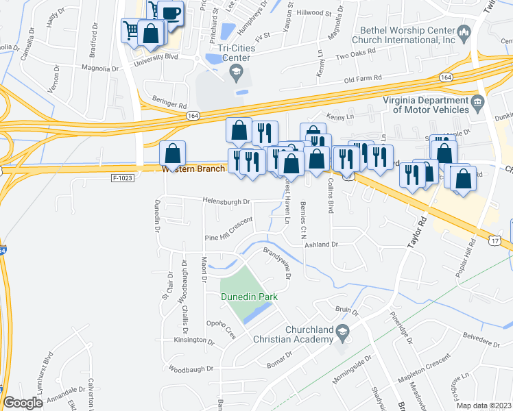 map of restaurants, bars, coffee shops, grocery stores, and more near 4625 Helensburgh Drive in Chesapeake