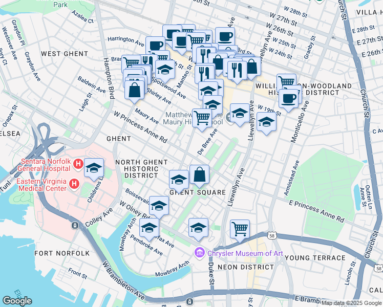 map of restaurants, bars, coffee shops, grocery stores, and more near 450 West Princess Anne Road in Norfolk