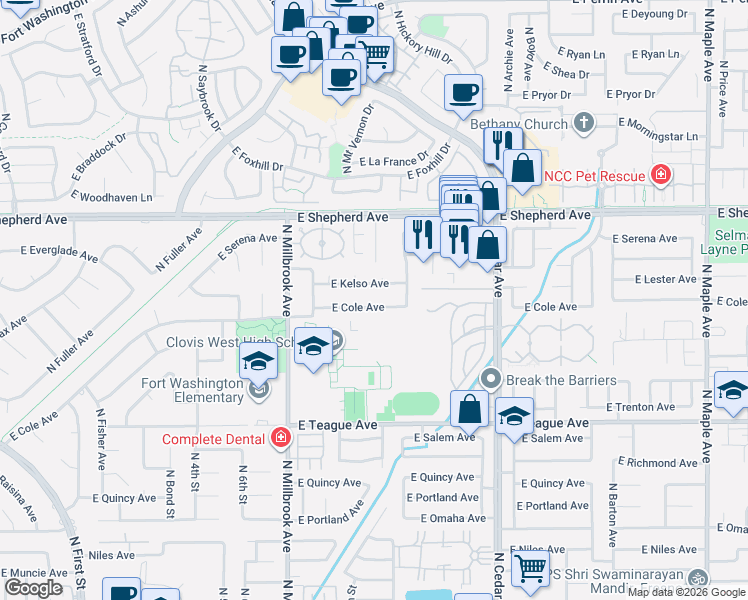 map of restaurants, bars, coffee shops, grocery stores, and more near 1227 East Kelso Avenue in Fresno